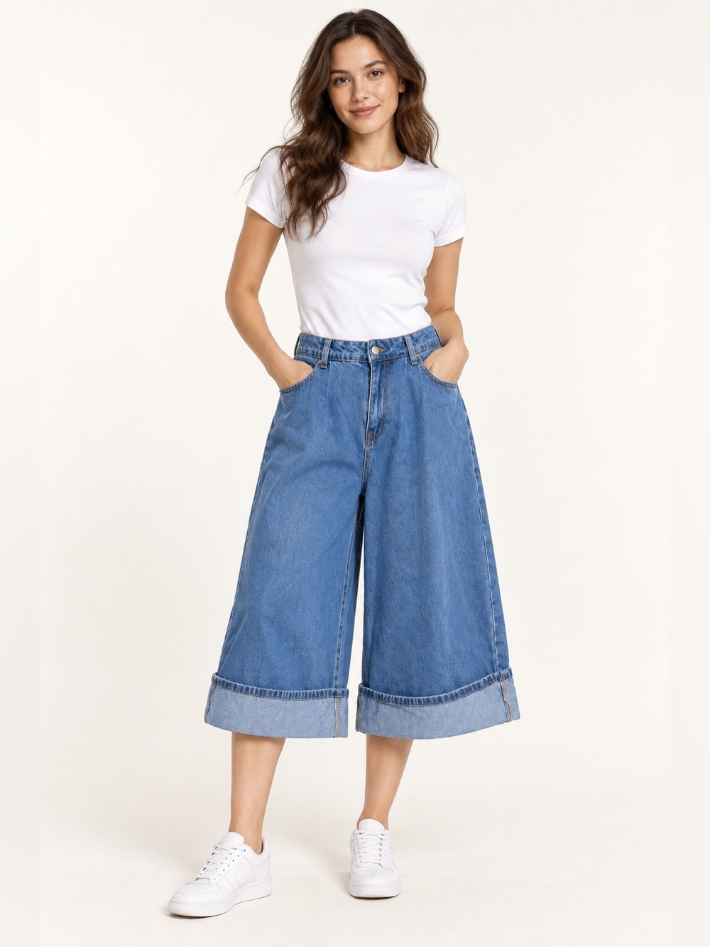 SHEIN Blue Denim Wide Leg Cuffed Culottes Cropped Jeans Size 30